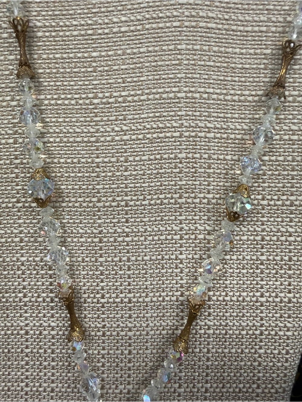 Vintage Crystal Bead Tassel Necklace - AB Crystals and Gold - Picture 6 of 10
